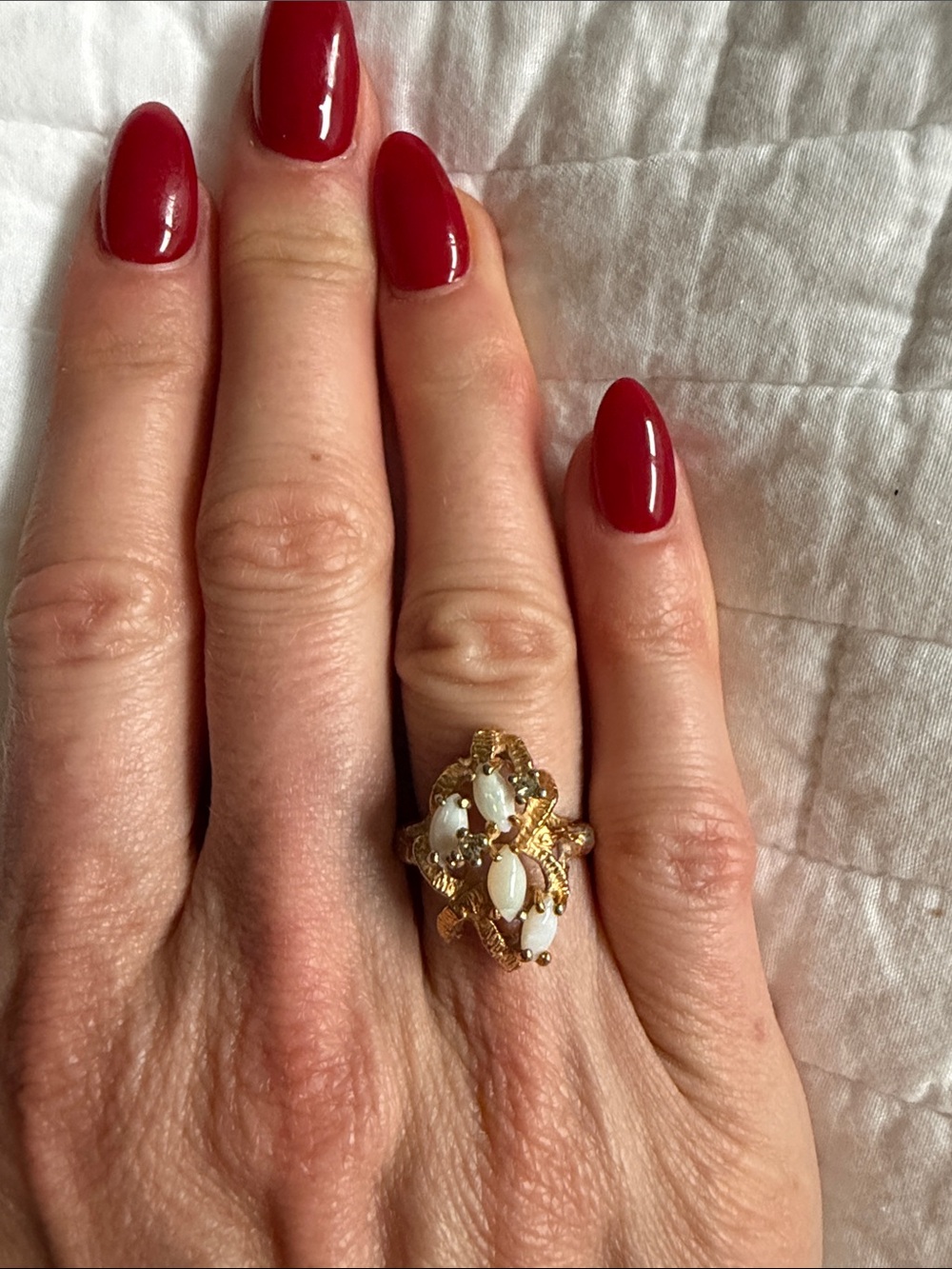 Gold-Tone Vintage Cluster Ring with White Opal and Rhinestone Accents